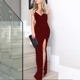 Yaz Kadınlar Artı Boyut Yüksek Bel Seksi Moda Uzun Etek Elbise Askı Sequin Slit Bandeau Tip Ziyafet Elbiseler 240220