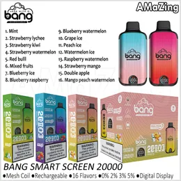 Bang Smart Screen 20000 затяжек с двойной сетчатой катушкой одноразовые вейпы-ручки 20K коробка для электронных сигарет перезаряжаемые 0% 2% 3% 5% испарители с 16 ароматами