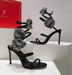 Rene Caovilla JUNIPER METALLIC SILVER SANDAL women's Fairy style luxury diamond serpentine wrapped Roman high heels designer banquet dress shoes