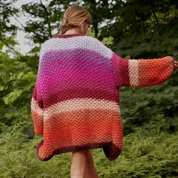 Jastie Rainbow Stripe Cardigan Sweater Women الخريف الشتاء يدويًا يدويًا سترة كارديجان سترة فضفاضة سترة فضفاضة 240219