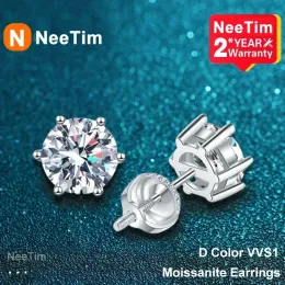 Brincos NeeTim 2ct Moissanite Brincos Para Mulheres Homens Laboratório Diamante Branco Banhado A Ouro 925 Sterling Silver Stud Brinco Luxo Fine Jewelry