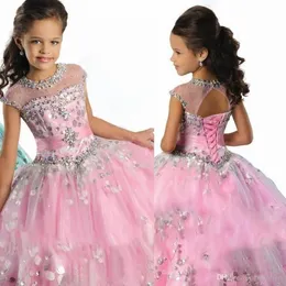 2020 Princess Girl 's Pageant Dreesses Badeed Ruffles Sheer Neck Ball 가운 바닥 길이 핑크색 꽃 소녀 드레스 스팽글 D230L