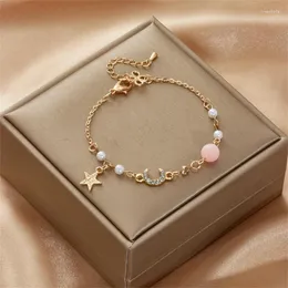 Charm Bracelets Star Moon Breaslel Kadınlar Moda Moda Pembe Kristal İnci Zincir Taskı Takı Parti Hediyesi