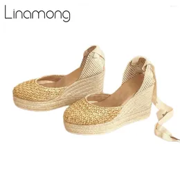 Sandaler raffia mönster kil espadrilles ankel rem band multicolor rund tå plattform designer stil sommarskor för kvinnor