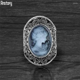 Cluster Rings Oval Lady Queen Cameo For Women Vintage Hollow Flower Antique Silver Plated Cocktail Party Fashion Jewelry