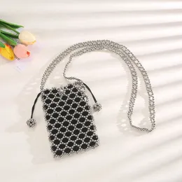 Omuz çantaları ağır endüstri metal dokuma çanta içi boş kristal boncuklu inci çantası tek elle crossbody 240427