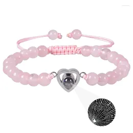 Strand 100 Languages I Love You Heart Projection Bracelet 6mm Natural Stone Healing Pink Crystal Beads Yoga Gift