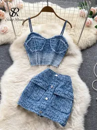 Babyoung Women Summer Summer Sexy Denim Set Sling Sling Sling Design Tops Short Button Mini Skirt Jeans Sails Suits 240219