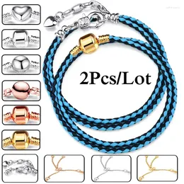 Charm Bracelets 2Pcs/Lot Double Circle Blue Leather Chain Fit DIY Beads Bracelet Couples Pulsera Jewelry Gift For Women Men Girl