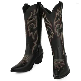 Boots IPPEUM Black Cowboy Country Western Women Drop Embroidered Mid Calf Leather Cowgirl