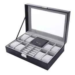 Watch Boxes Mixed Grids Wacth Box Leather Case Storage Organizer Luxury Jewelry Ring Display Black Quality 2 In 1200C