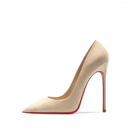 Модельные туфли, осень 2024, женские туфли на высоком каблуке, пикантные остроконечные замшевые туфли-лодочки с красной блестящей подошвой, модные темпераментные свадебные туфли на мелкой подошве