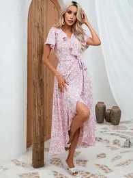 Party Dresses Jastie Bohemian Pink Short Sleeve Floral Dress V Neck Seaside Beach Vacation Tie Summer Slim Long Print Women 2024