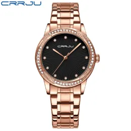 Nowe crrju Rose Gold Women Watch Japan Ruch Kwarc Wodoodporne zegarek na rękę żeńskie okrągłe plamy stalowe Zegar moda