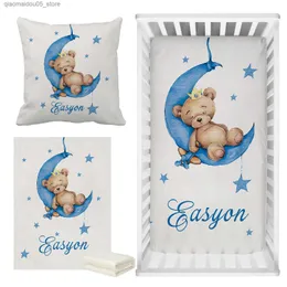 Set di biancheria da letto LVYZIHO Nome personalizzato Orso addormentato Set lettino blu Orso addormentato Set letto al chiaro di luna Set regalo baby shower Q240228