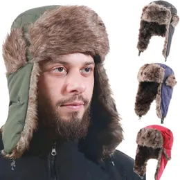Berets Men Winter Lei Feng Hat Thicken Faux Fur Bomber Hats Plush Snow Bonnets With Ear Flaps Windproof Warm Outdoor Fishing Skull Cap