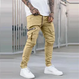 Calças masculinas bolsos laterais carga harem calças com zíper preto hip hop casual masculino joggers calças moda casual streetwear