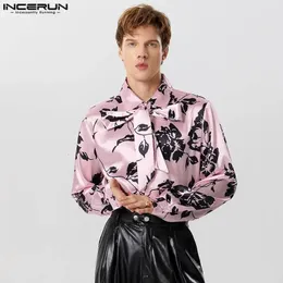 Inderun Men Shirt Printing Satin Lapel Lace Lace Up Ups Odzież jesień moda swobodna camisas s5xl 240223
