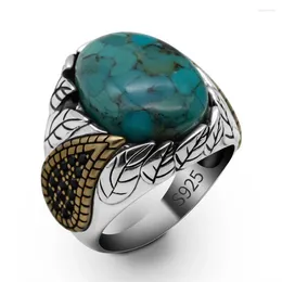 Cluster Rings Men Vintage Natural Turquoise Stone 925 Sterling Silver Turkish Islamic Antique Wedding Male