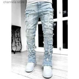 Mäns jeans herrar mager jeans fransar hip-hop rå kant elastisk lapp punk rock långa snäva passformade jeans denim byxor blå streetwear t240227