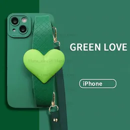 Phone Case Designer iPhone Case for iPhone 15 14 Pro Max, 13 12 14plus 11 Fashion Crossbody Green Little Love Luxury Lanyard Mobile Phone Cover Kickstand