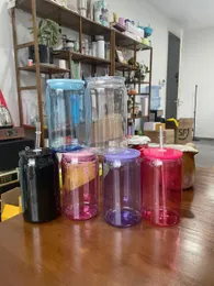 배송 준비 BPA 무료 16oz 명확한 투명 멀티 컬러 젤리 arylic 소다 맥주 유리는 명확한 빨대와 UV 스티커 및 비닐 랩을위한 컬러 뚜껑을 곁들인 플라스틱 컵 캔