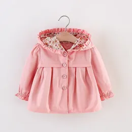 Корейские куртки с цветочным принтом для маленьких девочек, весенне-осенняя однотонная ветровка с капюшоном для детей 04 лет, повседневная верхняя одежда, плащ, 240220