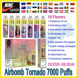 Otantik Airbomb Tornado 7000 Tek Kullanımlık E Sigara Pri Dolgulu 14ml Pod 650mAh Şarj Edilebilir Pil 10% 2% 2% 3% 5% Vape Kalem
