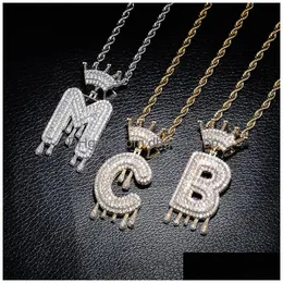 Pendant Necklaces Iced Out Crown Letter Necklaces Gold Sier Drip A-Z Initial Pendant With Twisted Rope Chain For Men Women Fashion Cz Dhcdh