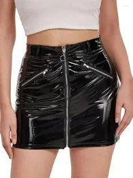 Röcke S-4XL Glänzender Kunstleder-Bleistiftrock Wet Look PVC Micro Mini Skrits Reißverschluss Hohe Taille Faldas Strumpfhosen Paket Hüfte Minifalda