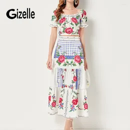 Vestidos de trabalho Gizelle Designer de moda verão mulheres rosa impressão fora do ombro manga curta top elegante chique saias longas ternos de férias traf zaf