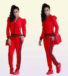 Women039s Two Piece Pants 2023 Fashion Suit Ribbon Multicolor Lantern Sleeve Sports Leisure Long Zipper Top Set8814516