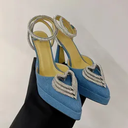 Waterproof platform Pointed toe Dress Shoes Heart shaped diamond decoration Heel high sandals Ankle strap pumps Luxury Designers women factory footwear