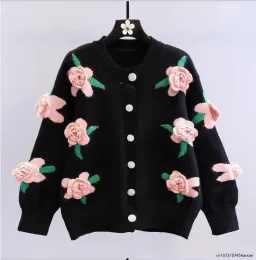 Cardigans 3D Flower broderi tröja kvinnor vår och hösten ny lös vintage handgjorda virkning stickade kofta jackor