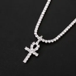 Iced Out CZ Key of Life Egypt Cross Pendant Necklace 4mm Tennis Chain Sgold Silver för män Hiphop Jewelry250T