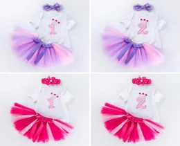 Conjuntos de roupas Roxo Rosa Bebê Meninas Romper Separado Tutu Saia Vestidos Bolo Primeiro Segundo Aniversário Infantil Menina Bowknot Headband7644393