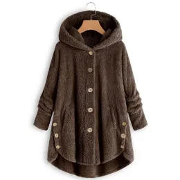 Giacche Donna Cappotto in peluche Teddy Autunno Inverno Sciolto Caldo Morbido Giacca a raffica Capispalla da donna con cappuccio oversize con bottoni S5XL