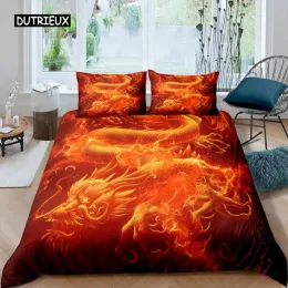 Definir Red Flame Dragon Duvet Capa Conjunto de conto de fadas de dragão chinês Conjuntos de roupas de cama de fadas de fadas para crianças homens homens decoração de quarto cortinas puras