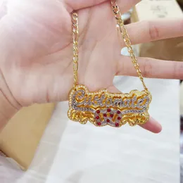 Dubbelpläterad tvåfärgad namn halsband Anpassat hjärta med födelsesten personaliserad guldpläterad hänge 3D smycken gåva för kvinnor 240226