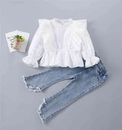 27 Years High Quality Spring Girl Clothing Set Fashion Floral Solid Shirt Pearl Jeans Kid Children Girls 2108042925602