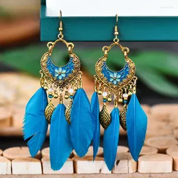 Dangle Earrings Bohemia Feather Gypsy Summer Lotus Pendant Ladies Gold Color Jewelry