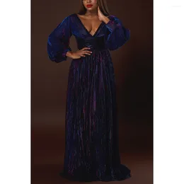 Plus Size Dresses Formal Multicolor Pleated V Neck Long Sleeves Maxi Dress