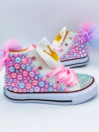 Spring Summer Fall Winter Handmade Girl Canvas Shoes Bling Rainbow Pearls Sneakers 1 2 3 4 5 6 7 8 9 10 11 12 13 14 15 16 Years 240220