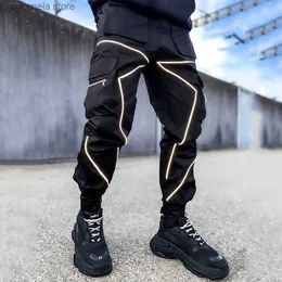 Calças masculinas joggers calças de carga reflexiva listra moda streetwear hip hop sweatpants preto branco retalhos hipster calças dos homens t240227