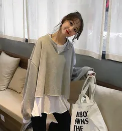 Blackday Women Fake Twopiece Stitching Loose Sweater Pullover Fashion Long Sleeve Casual Solid Color Tops New2764401
