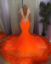 Prom Queimado Vestidos Laranja Sexy Profundo Decote Em V Sheer Mangas Compridas Apliques Beads Noite Sereia Pena Vestidos de Festa Formais Para Meninas Negras Africanas BC