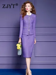 ZJYT Роскошные комплекты платьев с блестками и бисером, комплект из 2 предметов, женский элегантный вечерний фиолетовый твидовый шерстяной пиджак, костюм с юбкой, офисный женский наряд 4XL 240223