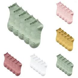 Women Socks 5PC Cotton Women's Solid Color Japanese Boat Wooden Ear Trim Work Floor Sleep Knit