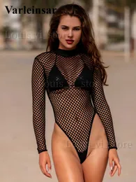 Kvinnors badkläder S- XL Kvinnor Badkläder Sexig mesh Fishnet Sheer Long Sleeve High Cut Thong One Piece Swimsuit Female Bather Bathing Swim V1595 T240227