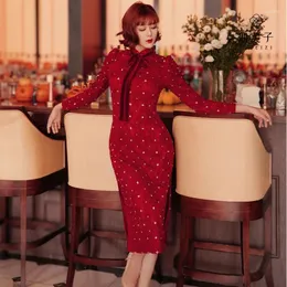 Casual Dresses Simeizi Chinese Sexy Style Dress For Women's Clothing 2024 Autumn And Winter Sequined Cheongsam Red Toast Qipao Wedding